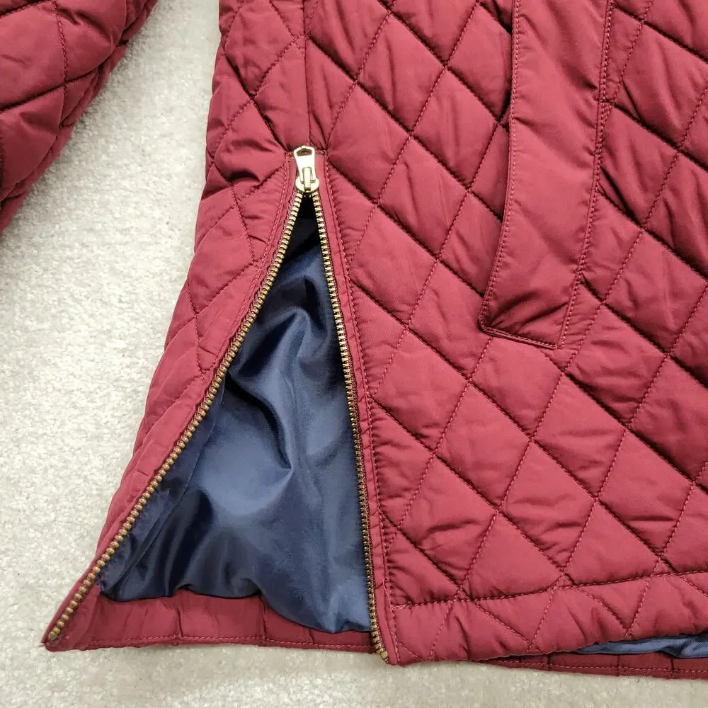 Tommy Hilfiger Womens Quilted Puffer Jacket Faux Fur Hood Burgundy Size S